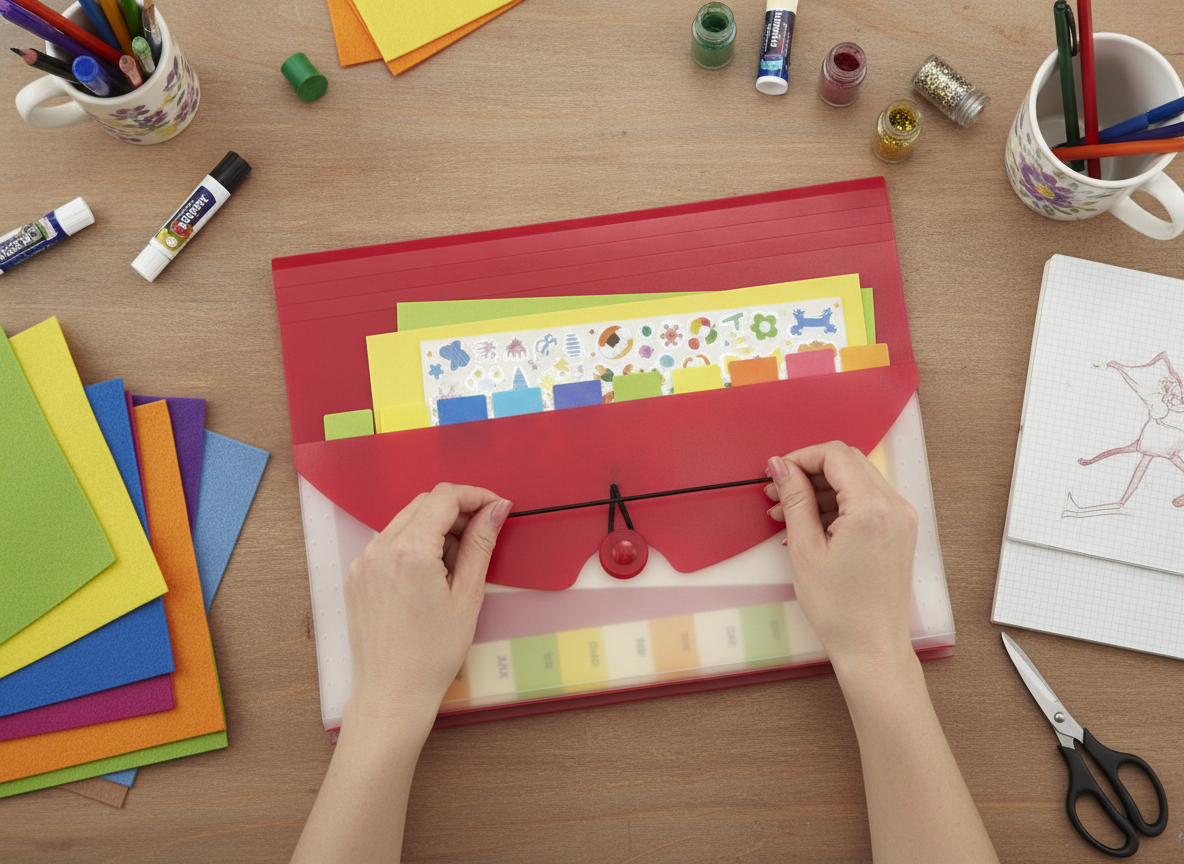 Folder expandible con liga carta rosa KIKOMO en videollamada