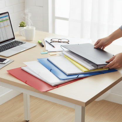Folder expandible con ligas oficio KIKOMO en uso en escritorio