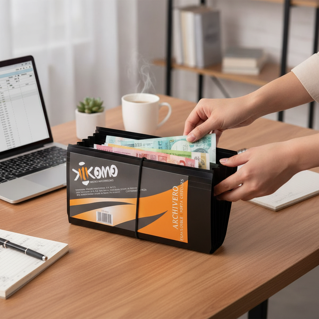 Archivador expandible KIKOMO en uso guardando dinero en escritorio