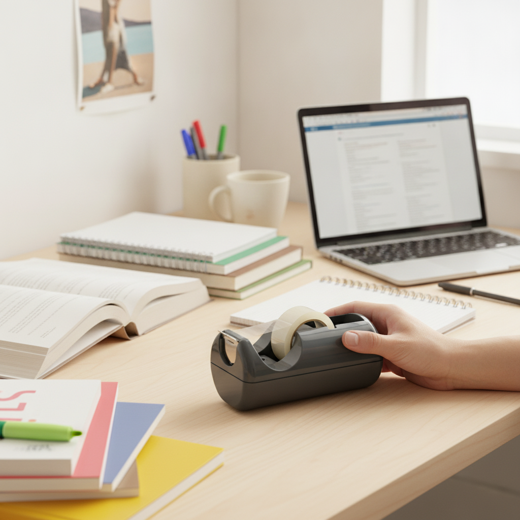 Despachador de cinta adhesiva KIKOMO en uso en home office