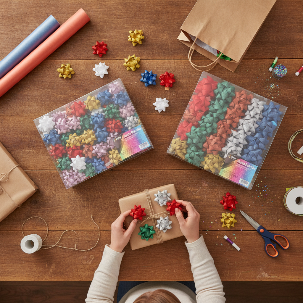 Moño Estrella KIKOMO puesto en un regalo envuelto