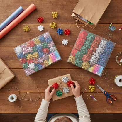 Moño Estrella KIKOMO puesto en un regalo envuelto