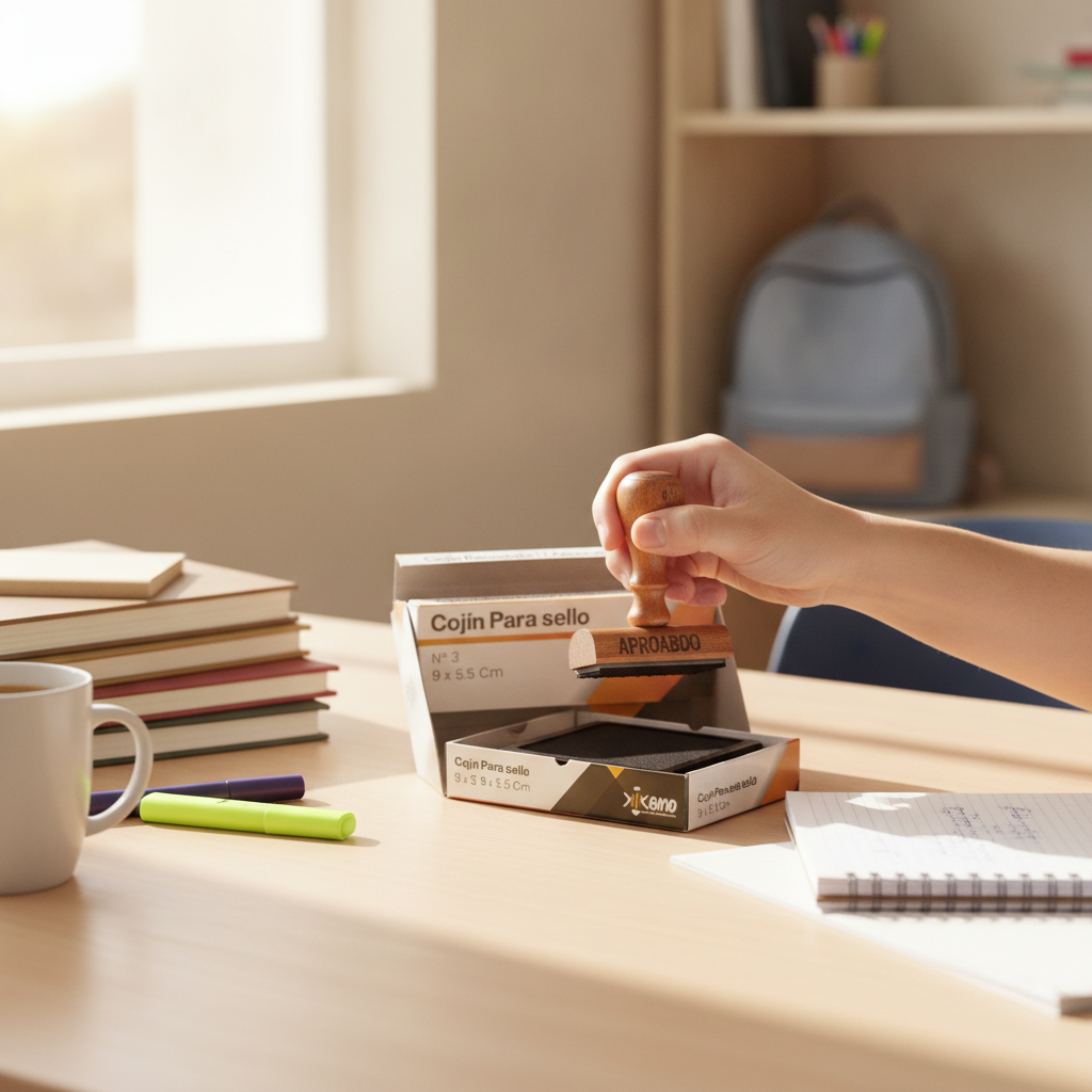 Cojin para sello mediano KIKOMO en escritorio