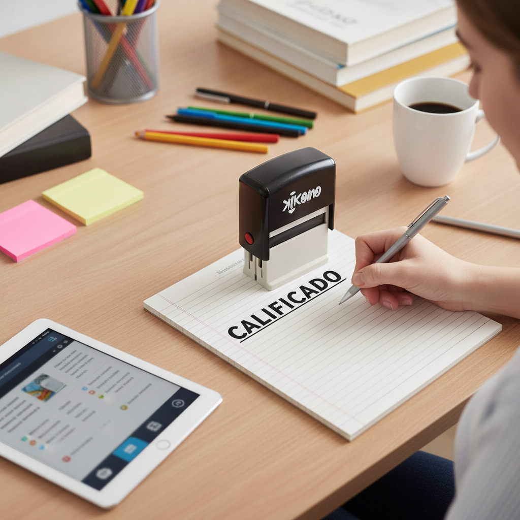 Sello automatico autoentintable KIKOMO en escritorio