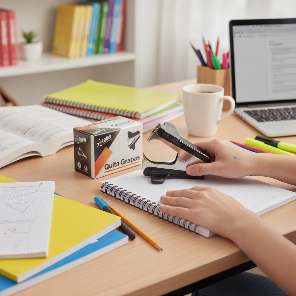 Quita grapas metálico KIKOMO en escritorio