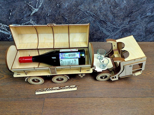 Tráiler Porta Vino con Vasos – Caja Decorativa de Madera