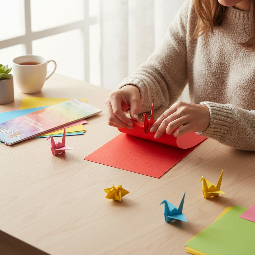 Persona usando hojas de color KIKOMO IMPORTADORES tamaño carta para crear figuras de origami sobre una mesa de madera